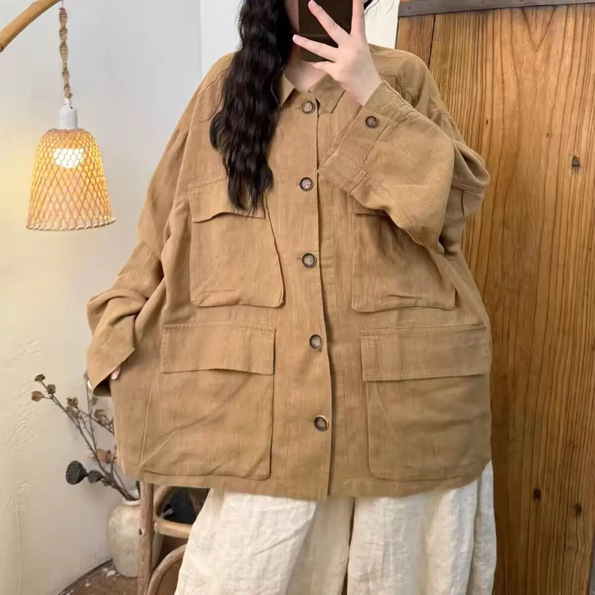 Retro Lapel Multi-pocket Overalls Women's Autumn Literary Loose and Versatile Casual Long-sleeved Cardigan Top