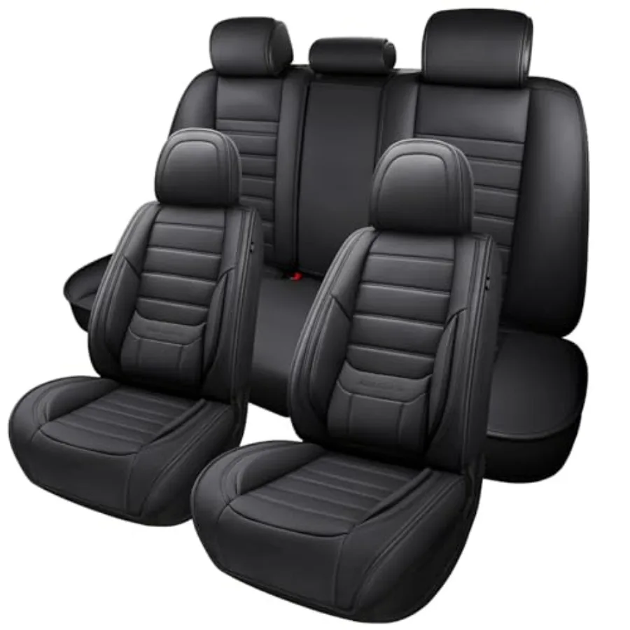 

Black Car Seat Cover with Lumbar Support Waterproof Nappa Leather Front and Back Seat Protector Fit for Most Cars