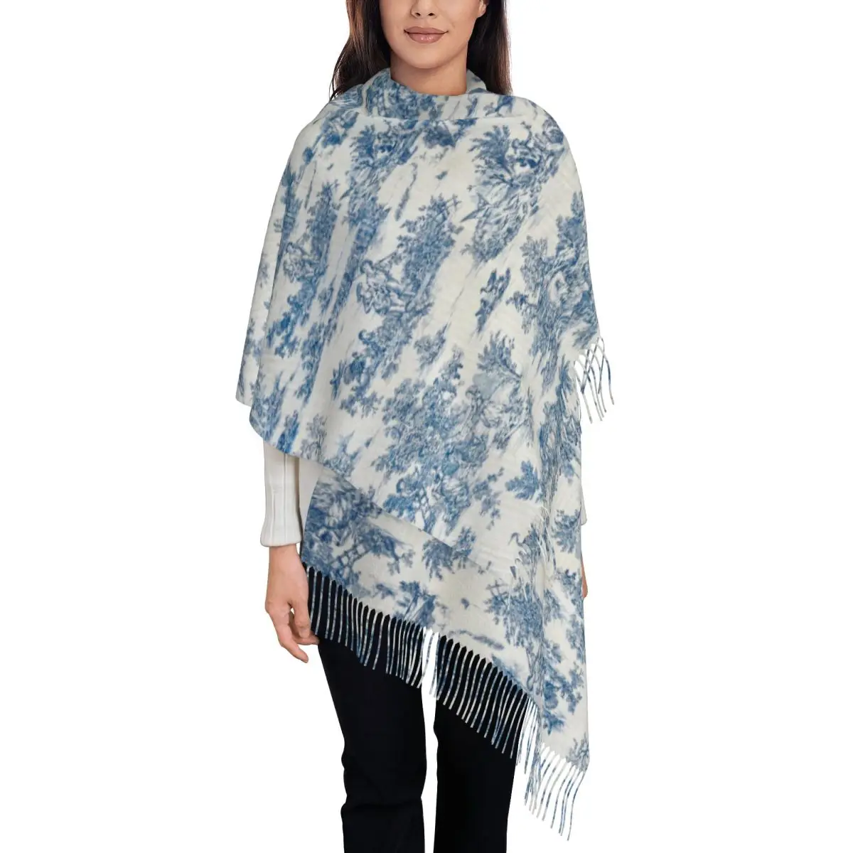 CustomFrench Navy Blue Motifs Toile De Jouy Scarf Wrap Women Long Winter Warm Tassel Shawl Unisex Flora Scarves