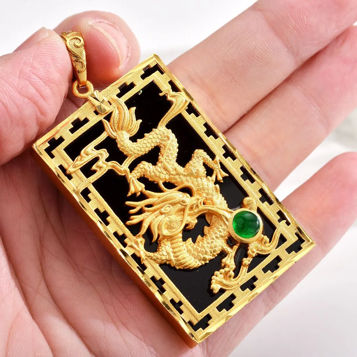 Gold shop same style AU999 gold mens pendant dragon year inlaid jade pendant 24K pure gold fashion dragon pendant gift jewelry