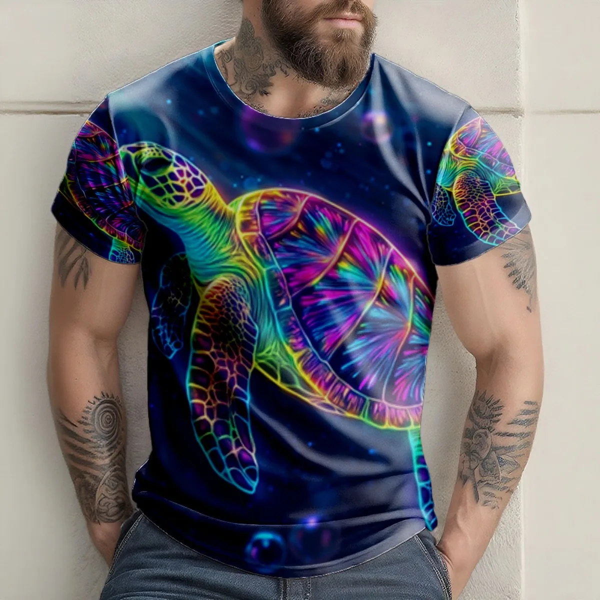 سلحفاة السباحة مع فقاعات حولها الرقبة والرأس 2025 وصول جديد أزياء رجالية قصيرة عشية في جميع أنحاء