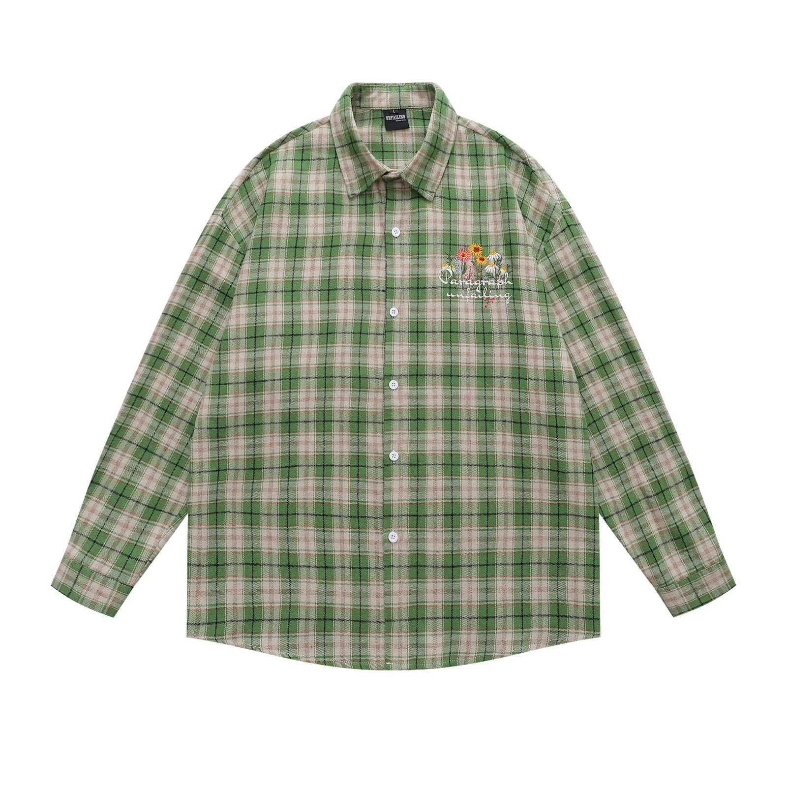 Men's Flower Embroidered Plaid Long Sleeve Shirt Autumn Loose Casual Brush Comfortable Checkered Dress Shirt Unisex Streetwear