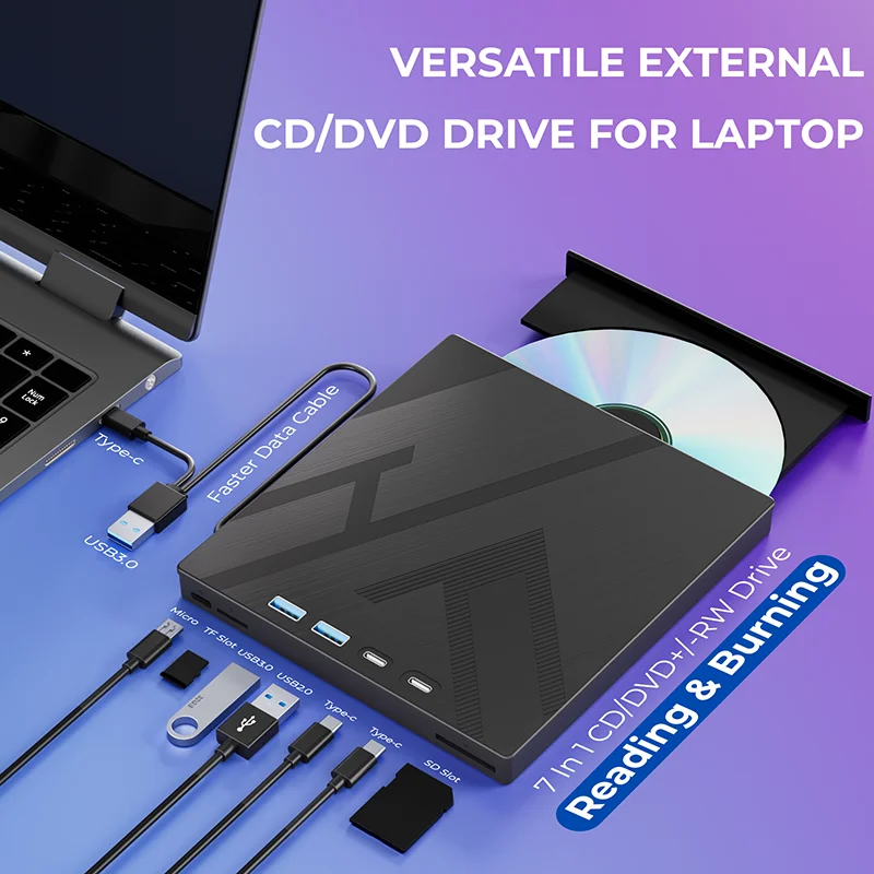 

7-in-1 External CD DVD Drive Multifunctional External Optical Drive with 4 USB Ports 2 TF/SD Card Slots for Laptop MacBook PC
