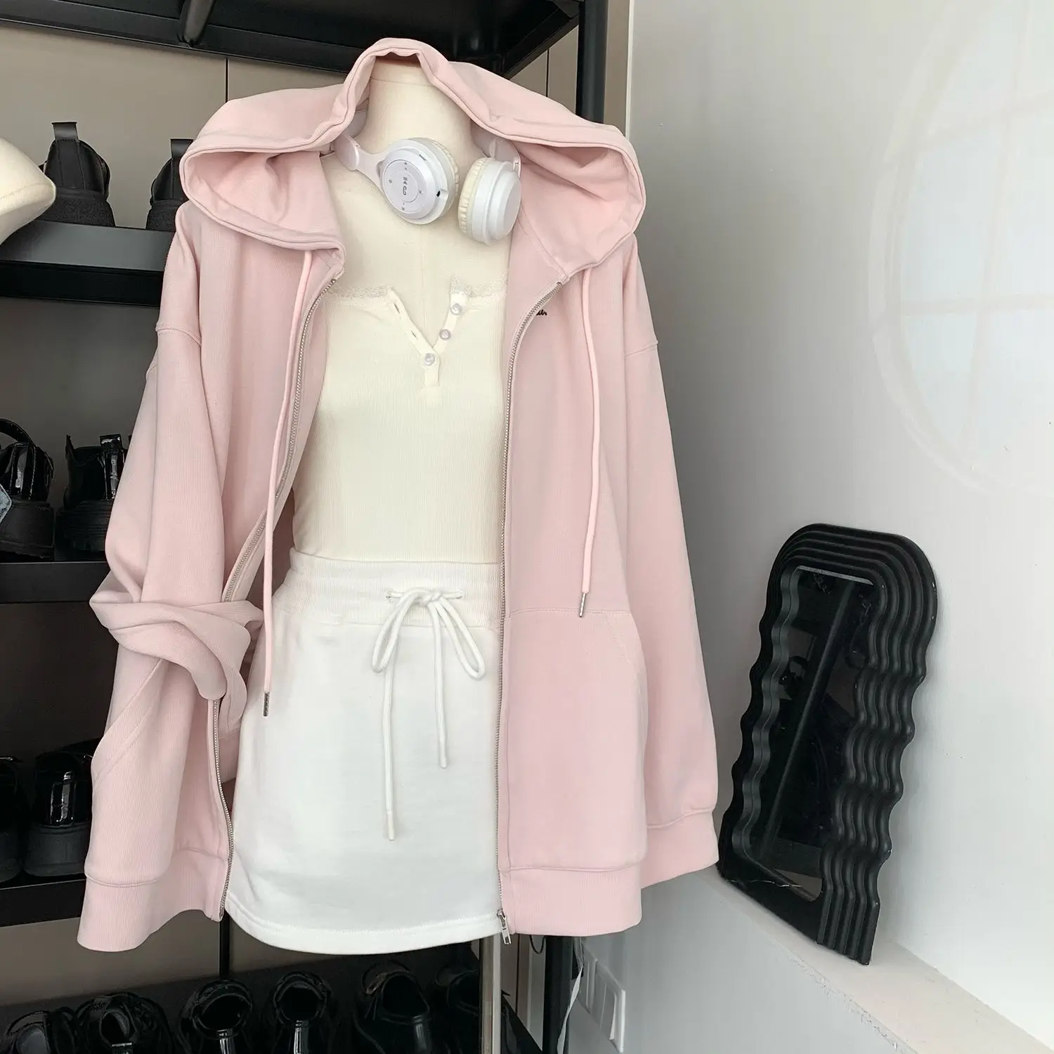 Pink Korean-style Harajuku Cute Hoodie Casual Fashion Hooded Sports Sweatshirt Basic Zipper Loose Sweet Drawstring Tops