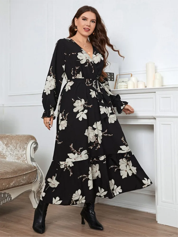 Plus Size Summer Floral Dress Women Black Flower Print Long Sleeve Pleated Ruffle Ladies Dresses Fashion Woman Dress 2023