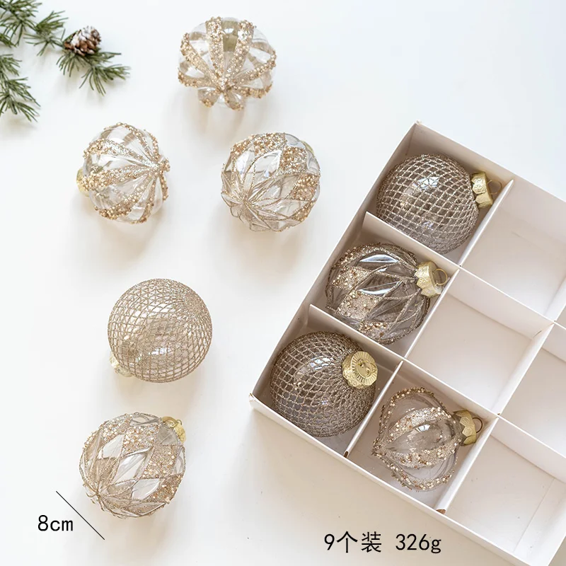 9 Pcs Christmas Decoration 8Cm Christmas Ball White Sequins Champagne Gold Box PET Transparent Painted Ball Tree Decoration