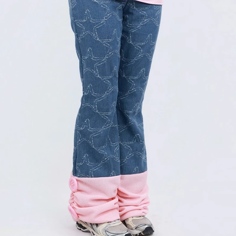 Original Design Y2K Retro Splicing Color Star Pattern Women's Long Pants Autumn Winter New Loose Versatile Flared Jeans Ladies