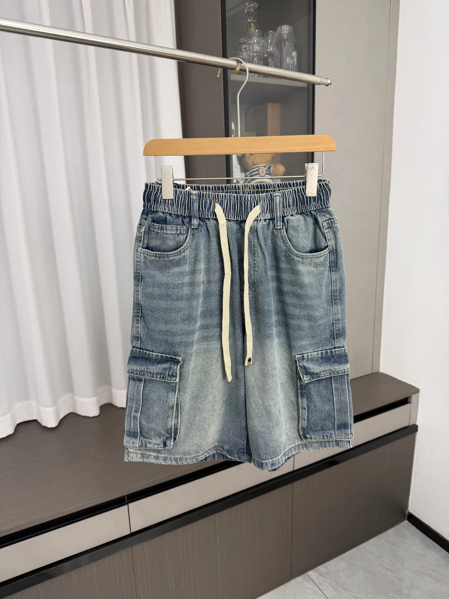 

Retro Washed Distressed Jeans Short Pants Elastic Waist Thin Breathable Summer Workwear Men's Fashion Straight Leg Short Shorts