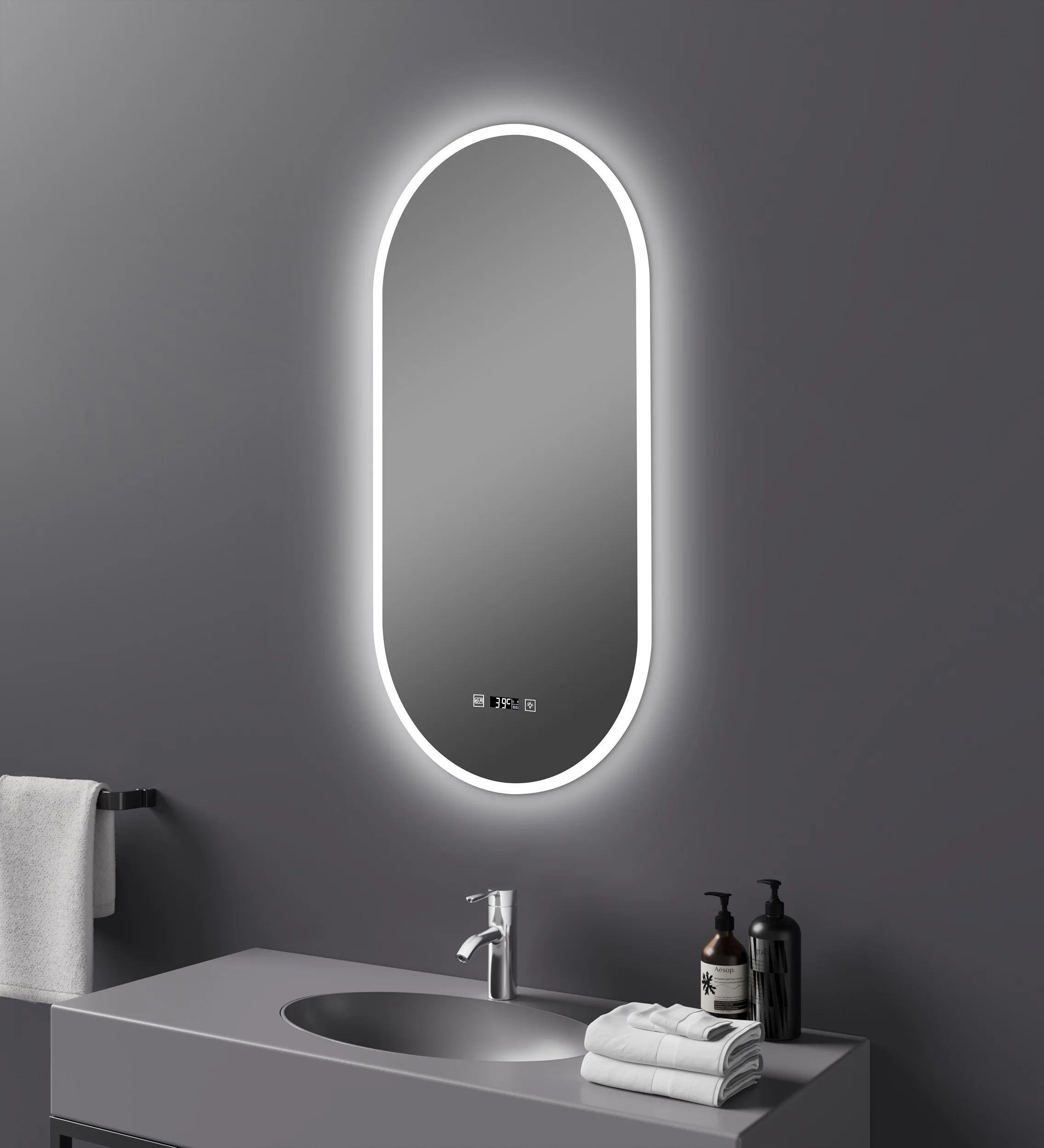 New Model Bathroom Mirror Led lighted Vanity Mirror with anti-fog, Time Temperature Calendar Display LED mirror with lights