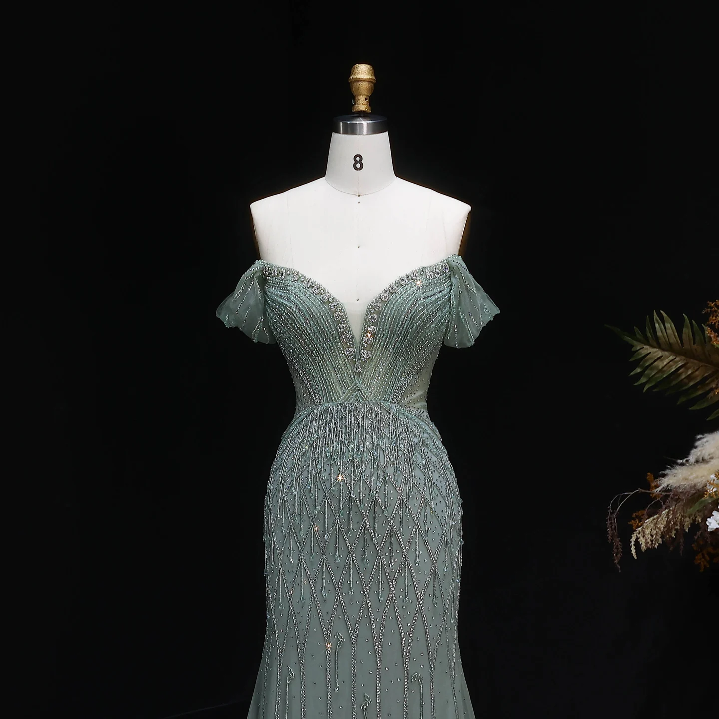 Sharon Said Atemberaubendes schulterfreies, rosafarbenes, mit Perlen besetztes Meerjungfrauen-Abendkleid mit Herzausschnitt, luxuriöses Dubai-Hochzeits- und Abschlussballkleid SS003, maßgeschneidert – Detail 9