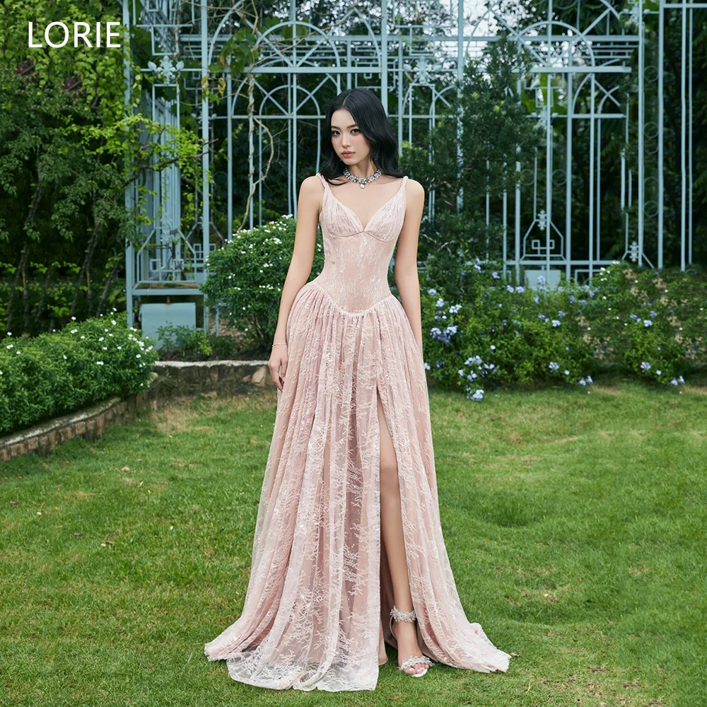 

LORIE Charming Lace Evening Dress Spaghetti Straps V-Neck Party Dresses Draped Side Slit A-Line Prom Gowns Customized
