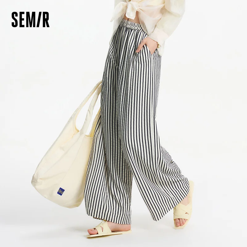 Semir Elastic Waist Casual Pants Women Lazy Chic 2025 Summer New Striped Wide Leg Lengthening Trousers for Daily Walks