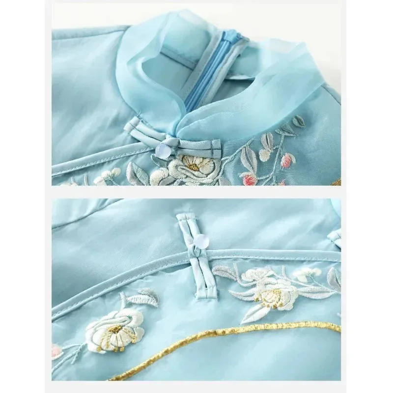 Ropa tradicional china de verano Para Mujer, Vestidos Cheongsam modernos modificados con cuello redondo y manga media azul, Elegantes Para Mujer