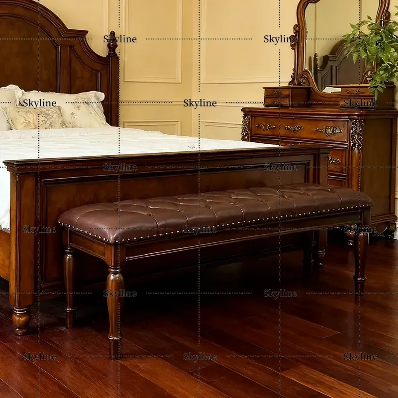American Country Solid Wood Bedside Stool Leather Retro Style Bedroom Furniture Shoe Changing Bench 1.5m 1.8m