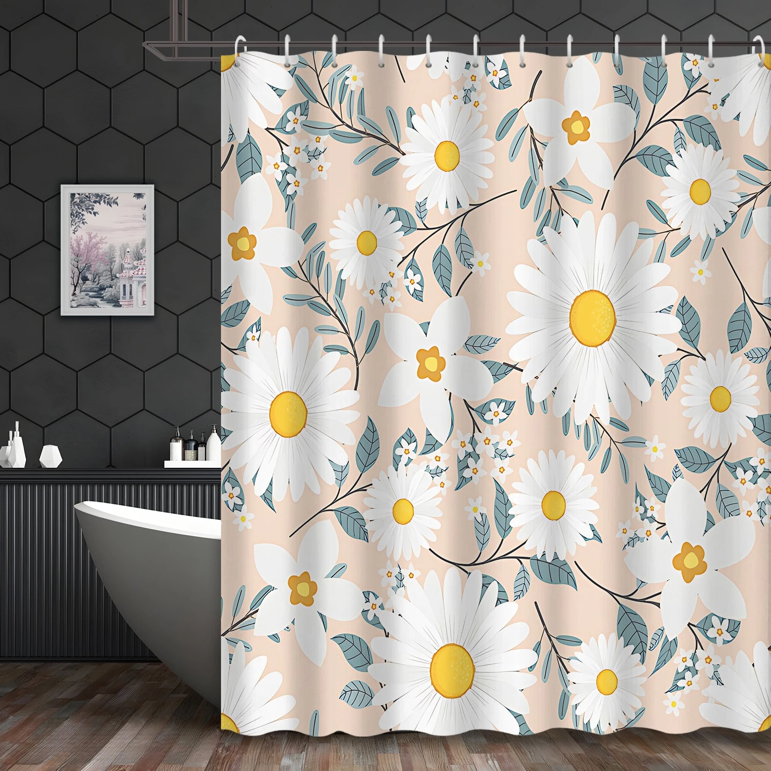 

1 piece of printed white daisy pattern shower curtain, polyester fabric, machine washable, suitable for bathroom decoration