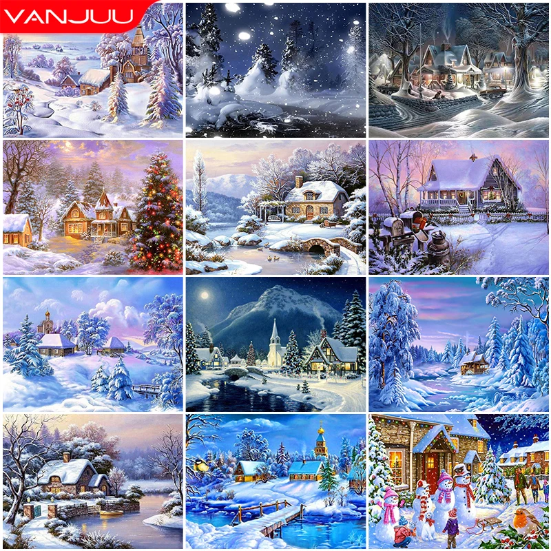 DIY 5D Diamond Painting Villa Winter Landscape Full Diamond Resin Mosaic Landscape Diamond Embroidery Handicraft Home Decor Gift