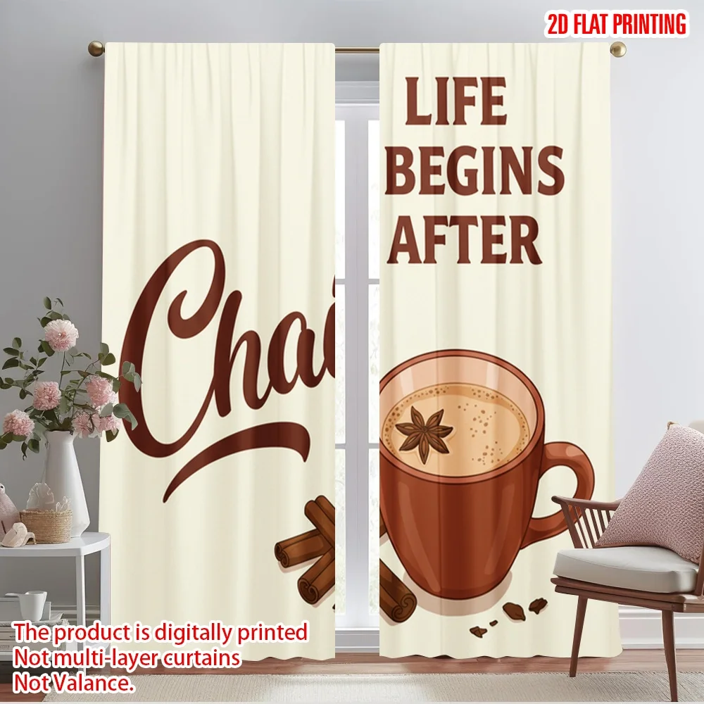 

2pcs 2D flat printing Curtains Life Begins After Chai 100% Polyester Fabric Without Electricity Festive Holiday Use for Outdoor