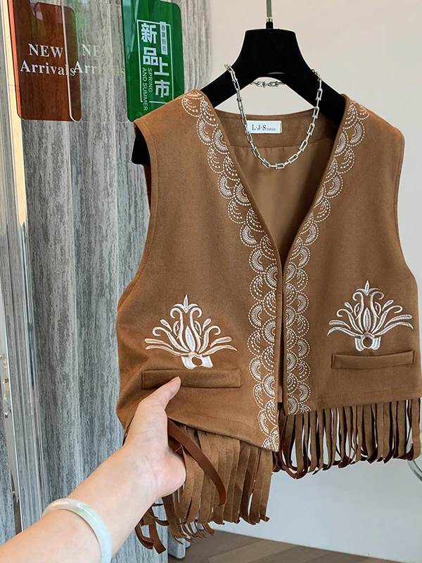 

n Embroidered Tassel Women's Vest Top Thin Summer Commute Sle ort Length Other Material 00% Brand New Faion