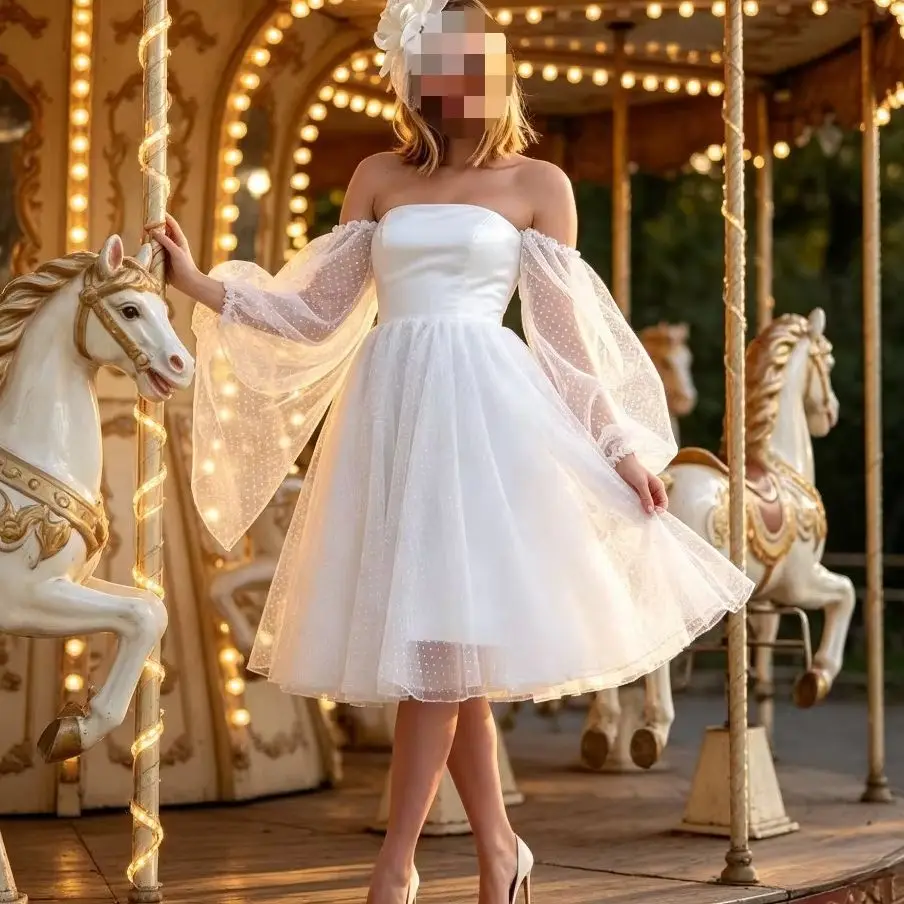Customized Elegant Chiffon Off Shoulder Solid Color Strapless Mini Wedding Dresses 2026 New Backless Balloon Sleeves Bridal Gown