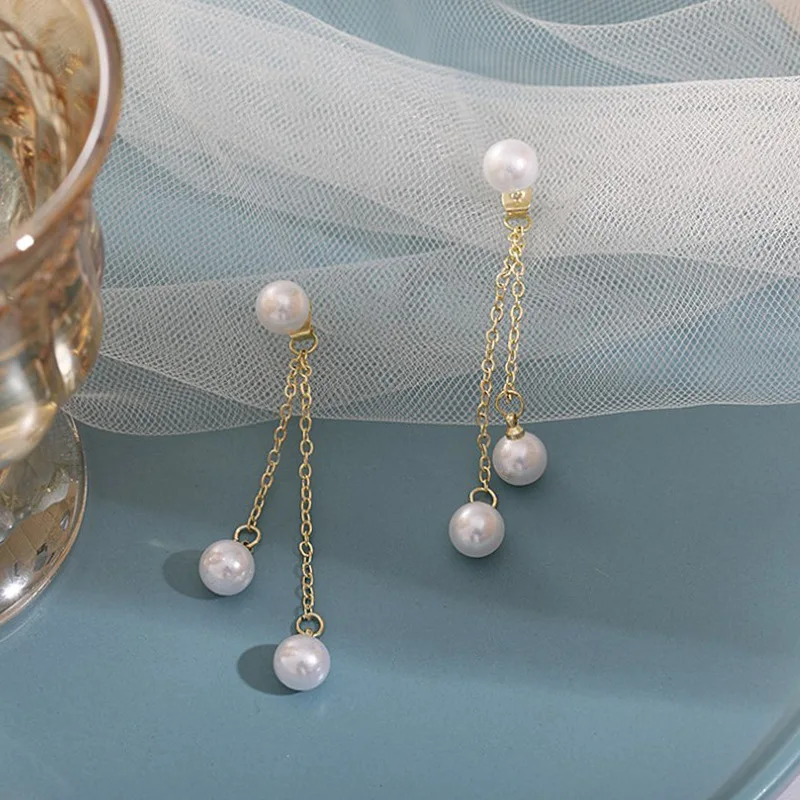 2 in 1 Pearl Tassel Earrings for Women Short Long Hanging Earrings Imitation Pearl Pendants Temperamental Dangle Earrings