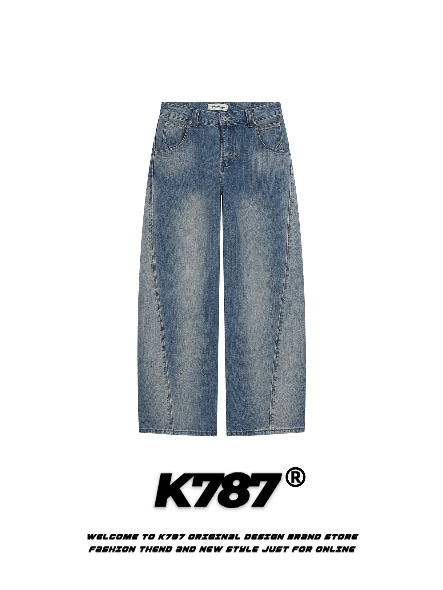 

K787 American Retro Washed Bamboo Fiber Pattern Jeans Men Women Loose Casual Floor-Length Wide Leg Long Pants