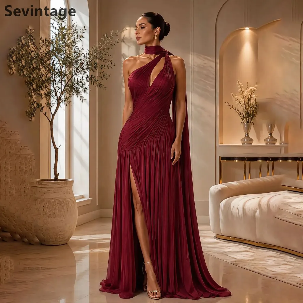 Sevintage 2026 Burgundy One Shoulder Halter Wrap Crinkle Chiffon Evening Gown Ruched Slit Mermaid Formal Prom Dress Customized