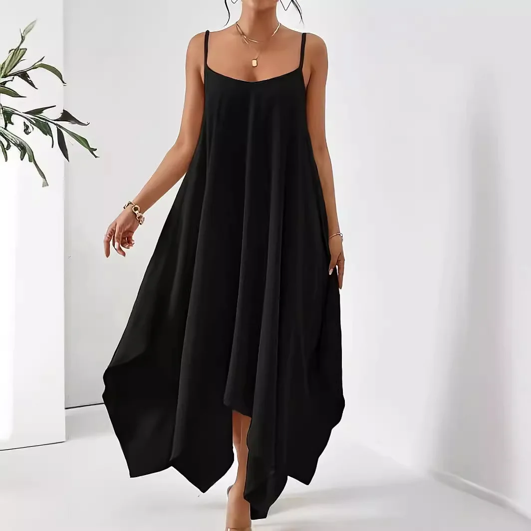 

BKLD Women Clothing Summer New Fashion Solid Color Spaghetti Strap Backless Irregular Sleeveless Loose Long Dresses Party