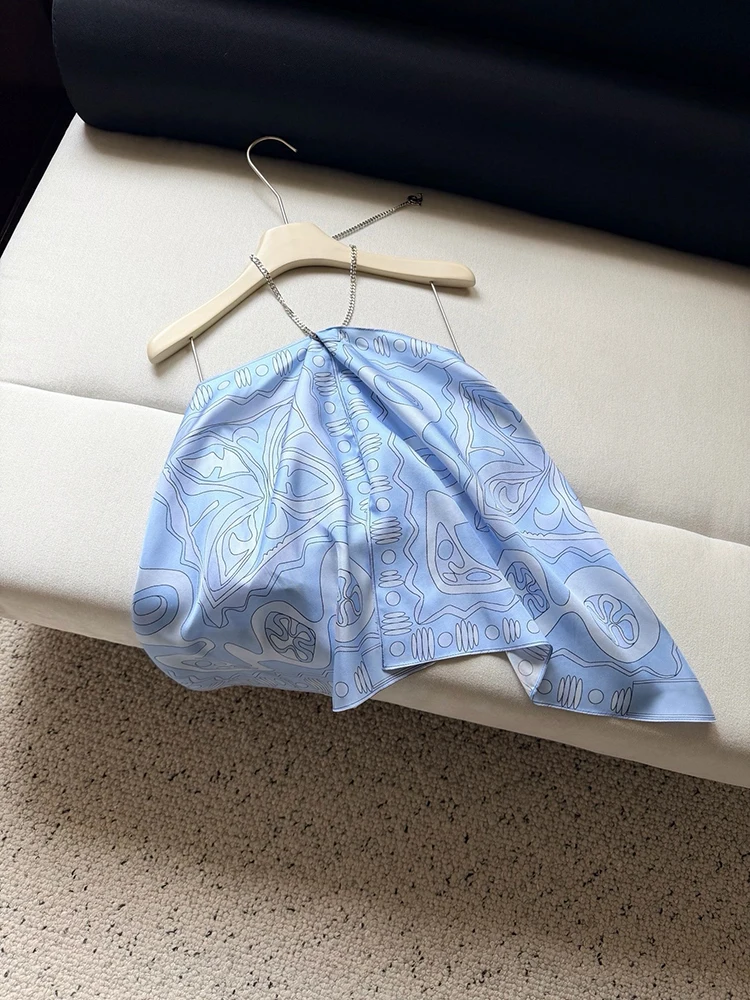 Summer Fashion Casual Resort Geometric Print Sexy Backless Silk Tops Women's Metal Chain Hang One's Neck Lace-Up Top