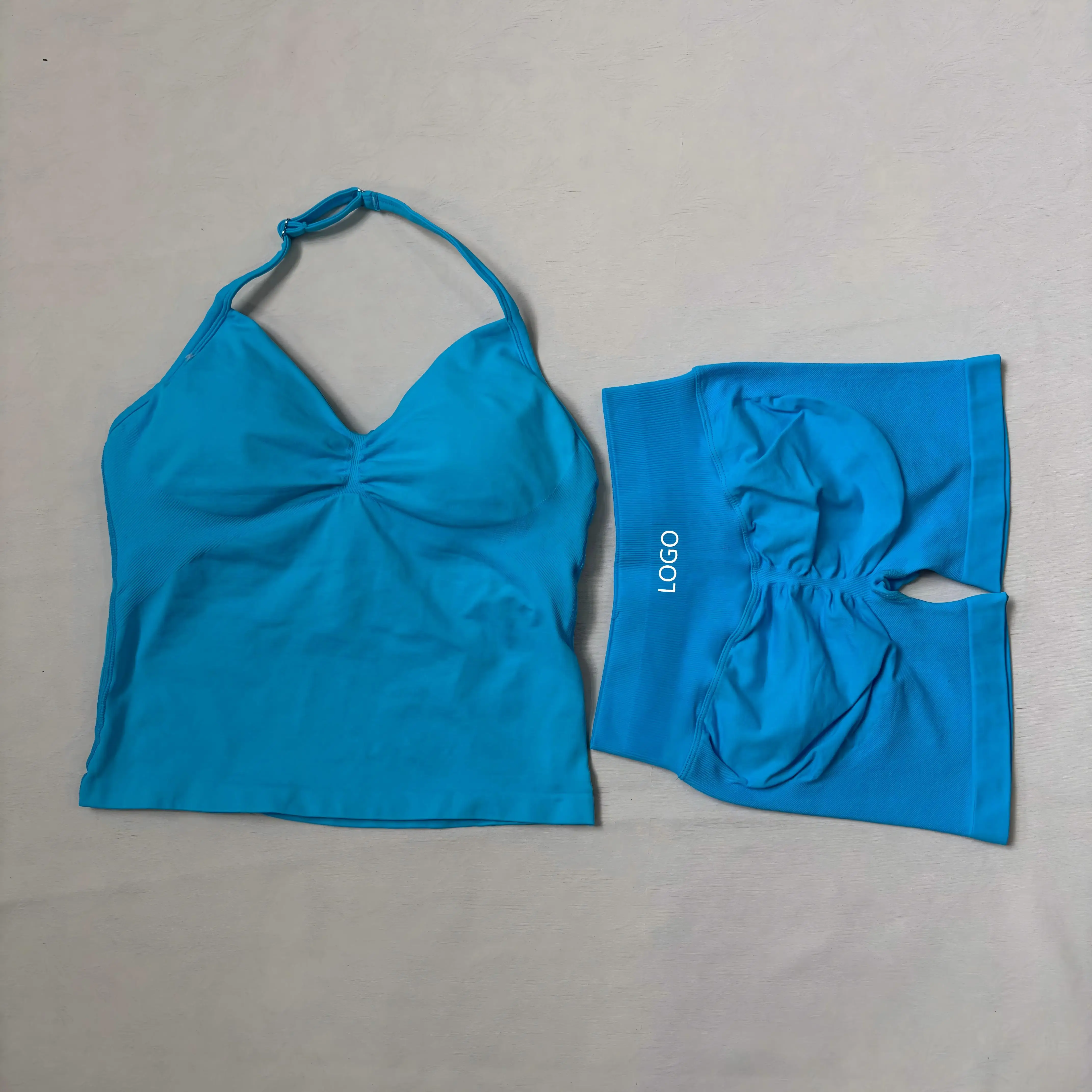 LOGO-Two-Piece Sportswear Tight, High Stretch Running Top Backless Vest Shorts Set Women's Yoga Suit