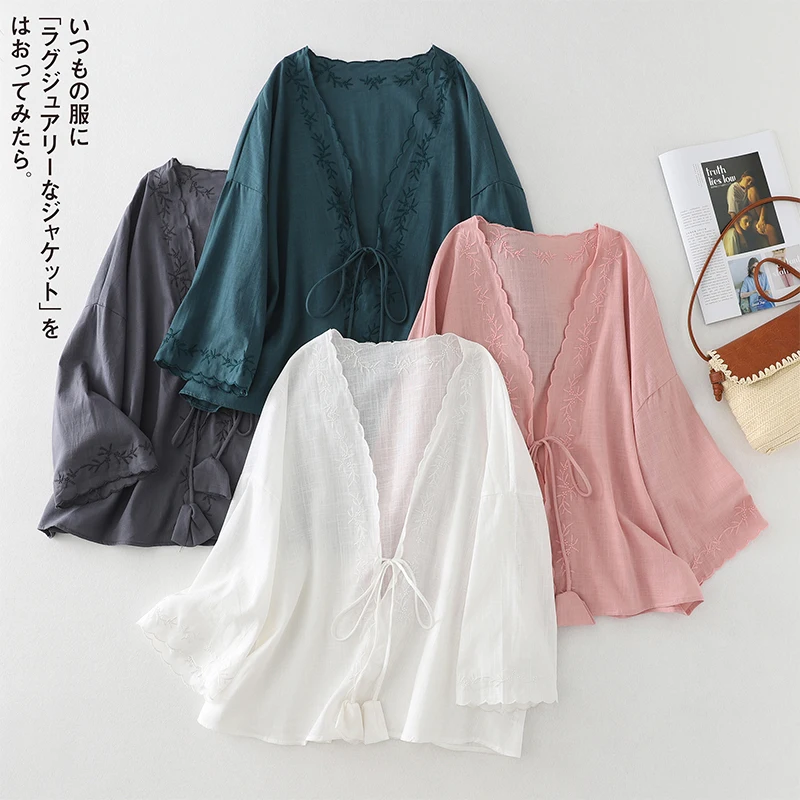 

Women Summer Embroidery Cotton Linen Kimono Shirts Blouse Casual Loose Tie-Front Thin White Pink Gray Green Cover Ups Jacket Top