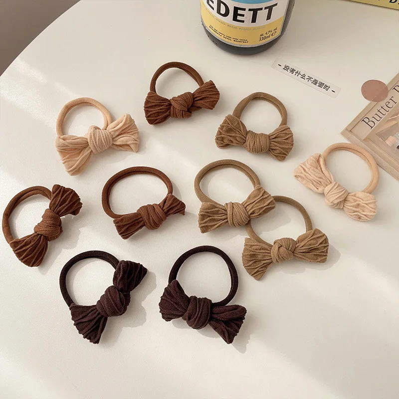 10pcs Hair Accessories Band Bandeau Cheveux Scrunchies Tiara For Girls Seamless Tie Small Ring Rubber Color Gradient Brown Bow