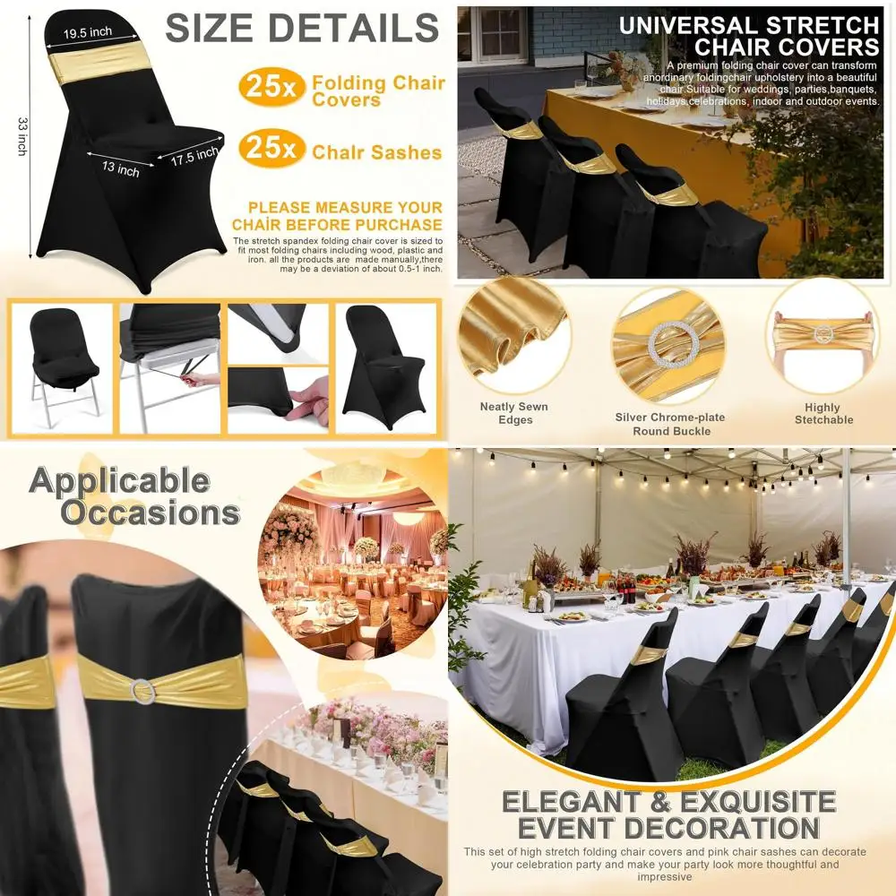 

50 Pack Folding Chair Covers - 25 Spandex Slipcovers & 25 Sequin Sashes, Washable Protectors for Party, Wedding, Banquet (Black