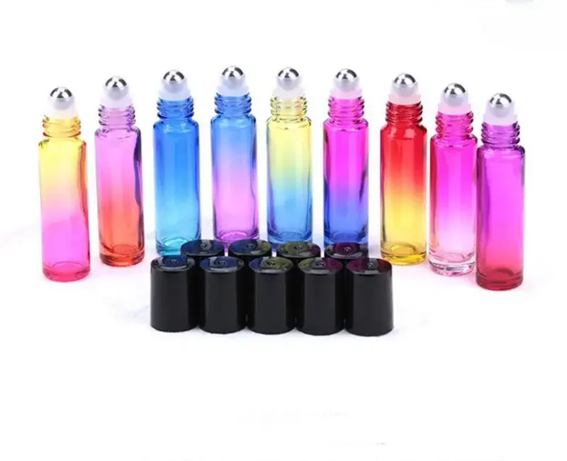 Botella portátil de color delicado y diferente, botella enrollable de perfume de vidrio negro transparente y ámbar con bola de rodillo de metal de acero inoxidable