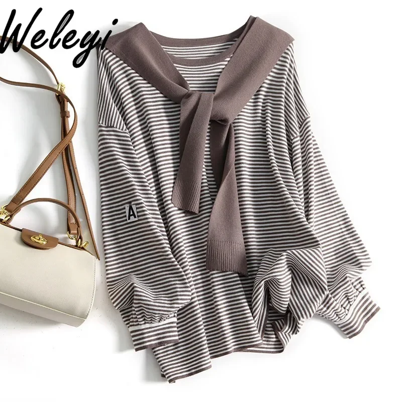 Shawl Two Piece Striped Base Knitted Sweater Autumn High End Temperament Loose Chic Round Neck Long Sleeve Cashmere Sweaters