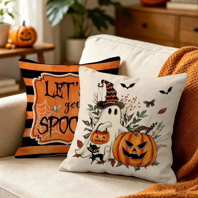 2 Stück Halloween Orange Kissenbezüge mit Geister- und Kürbisdruck aus Polyester, bequeme Dekoration für Sofakissen. – Detail 4