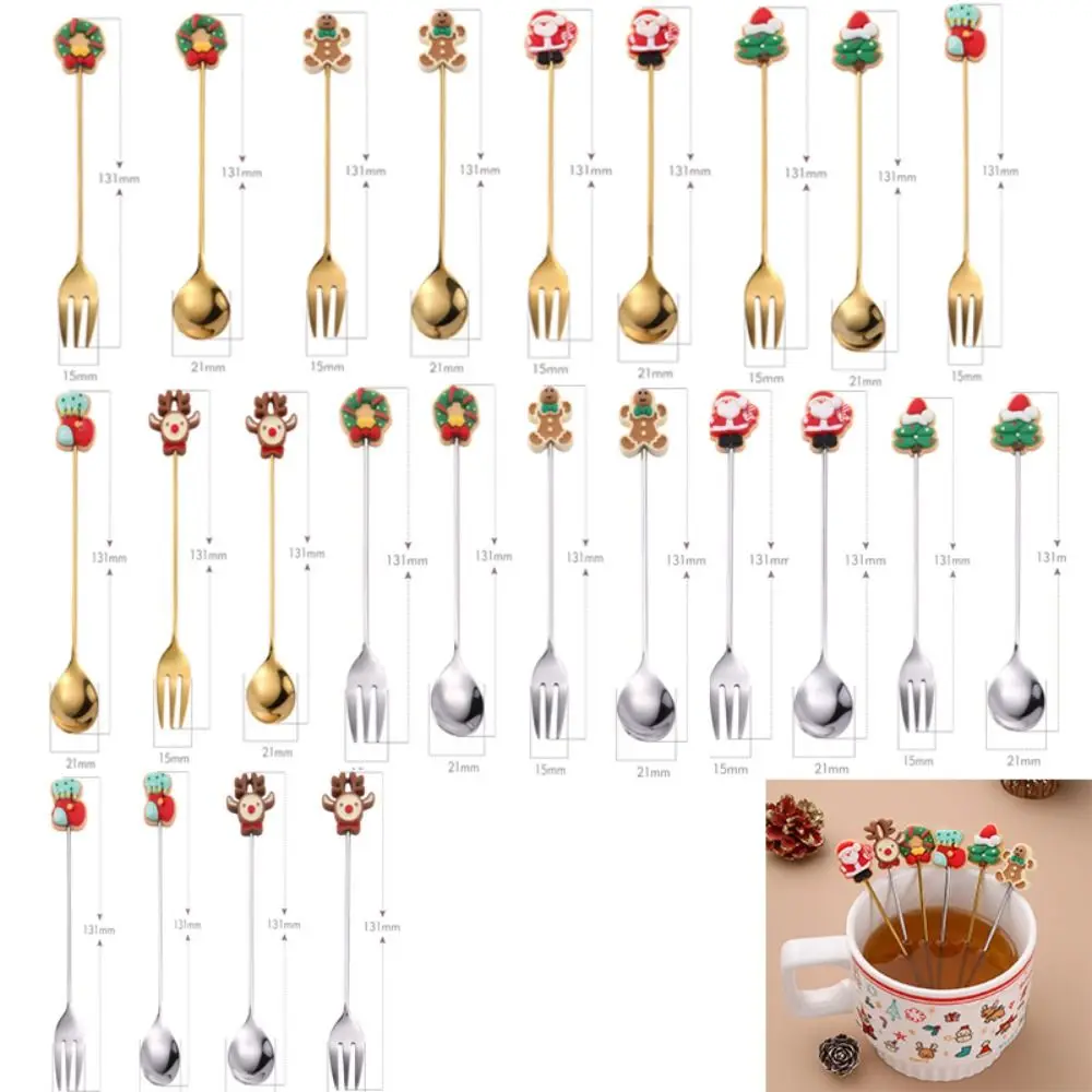 Stainless Steel Christmas Spoons Forks Set Elk Christmas Tree Gingerbread Man Multifunctional Coffee Spoons Gold Silver