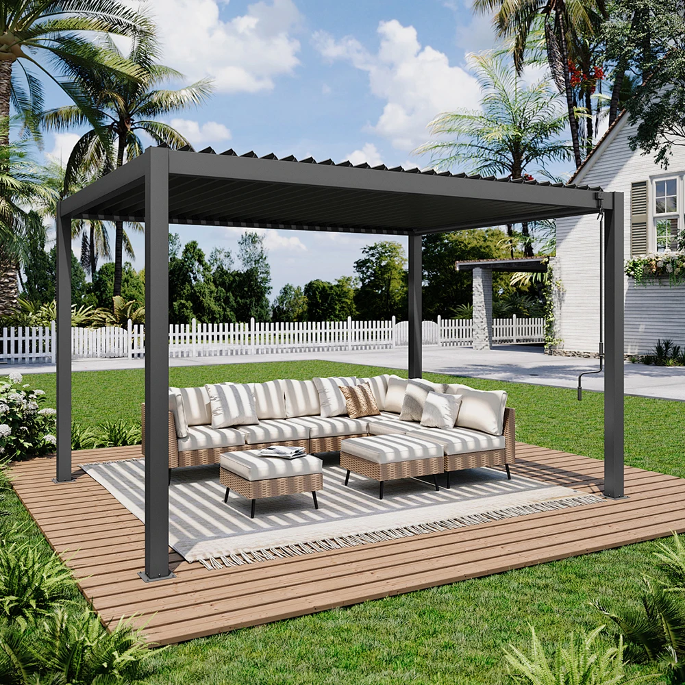 Manual Louvered Pergola 10' × 13',Outdoor Aluminium Pergola with Adjustable Roof,Adjustable Aluminum Slat Patio Sun Shade Gazebo