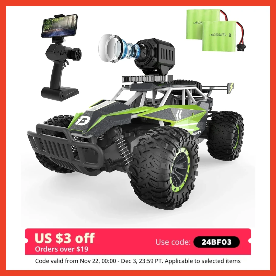 DEERC DE65 1:16 4WD RC Monster Truck: 20KM/H, FPV 1080P, 60 Min Autonomy, 2 Batteries, 2.4GHz.