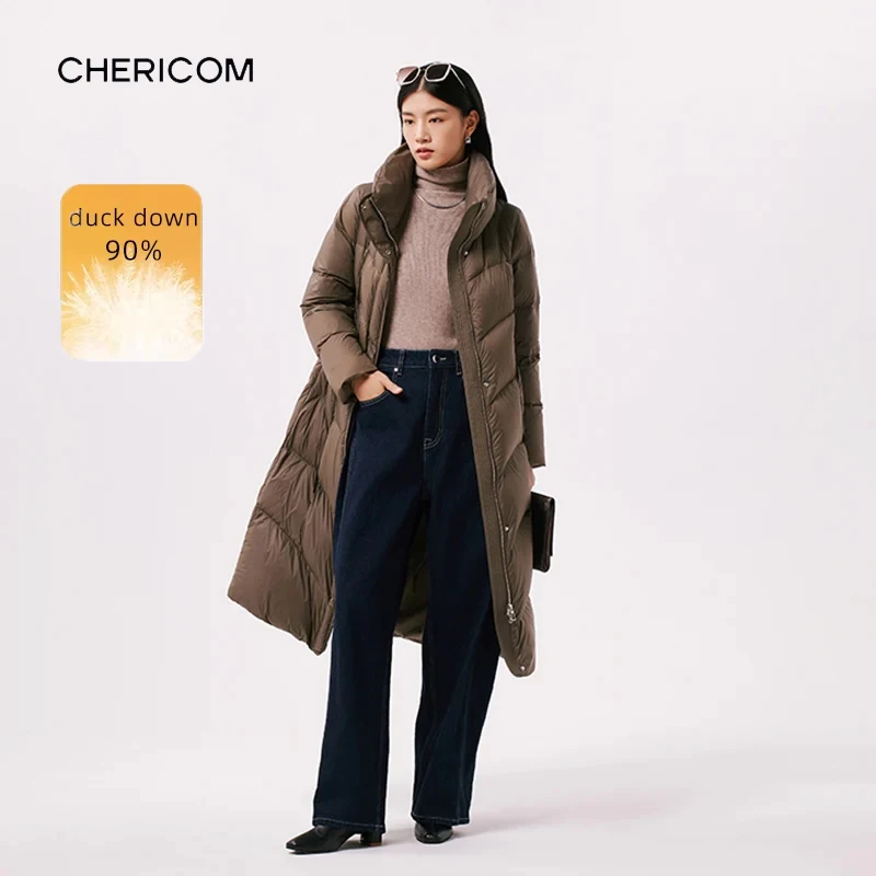 

Chericom новый пуховик средней длины с капюшоном и воротником-стойкой, стеганый дизайн, утолщенные теплые женские пуховики на гусином пуху Y299125Y