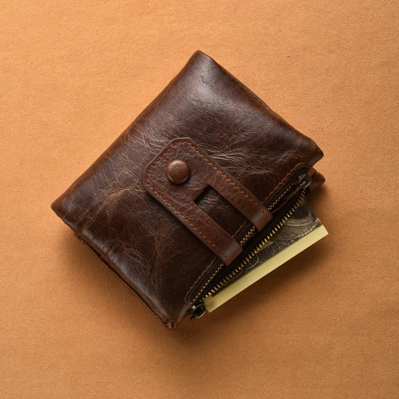 Men's Short Vegetable Tanned Leather Coin Purse RFID Blocking Zipper & Snap Closure Vintage Multi-functional Genuine Wallet