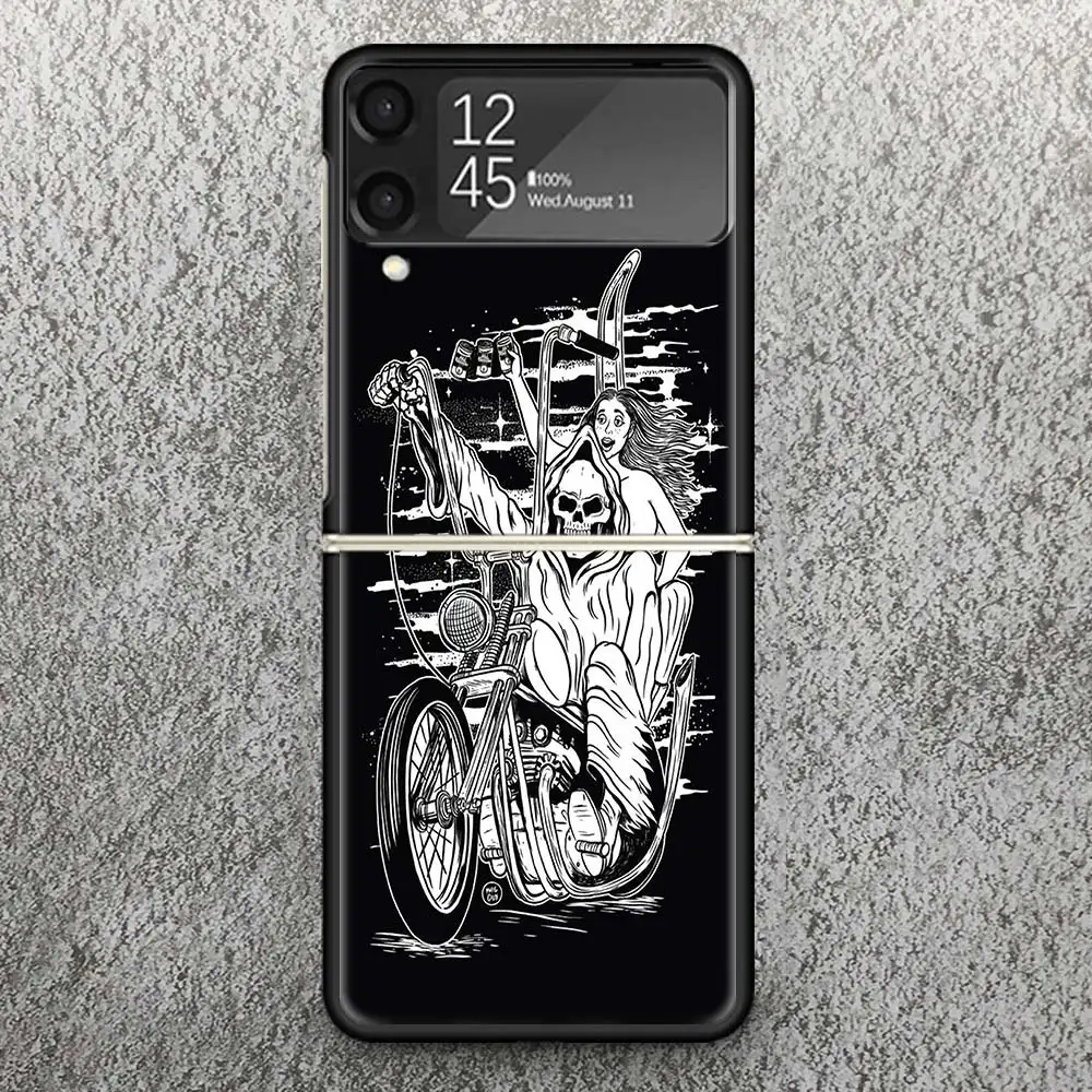 Motorcycle Gear Print Case For Samsung Galaxy Z Flip 3 4 5 6 5G Phone Shell ZFlip6 Flip5 Flip4 Flip3 Pattern Black Hard Cover