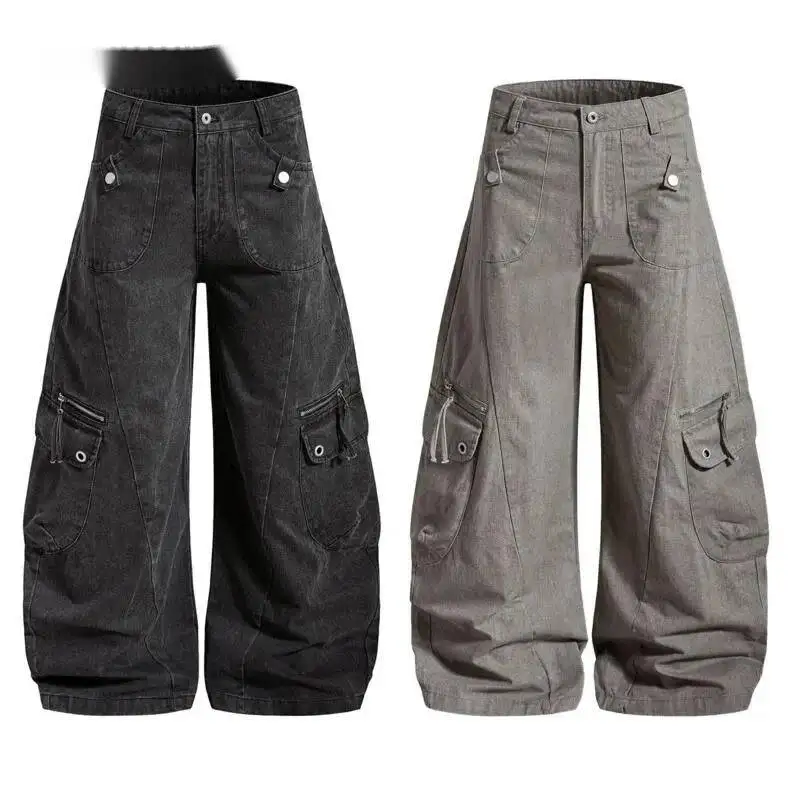 American Retro Solid Distress Men's Work Pants Multi-pocket Splicing Design Causal Wide-leg Pant 2026 Spring News 9X8X6O