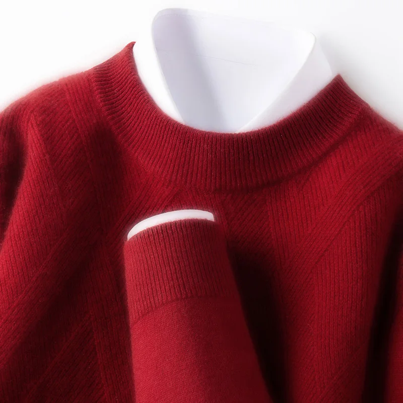 سترة صوفية بنمط المال القديم 100%، سترة حرارية للخريف والشتاء، سترة متماسكة حمراء لعيد الميلاد، بلوفر برقبة دائرية