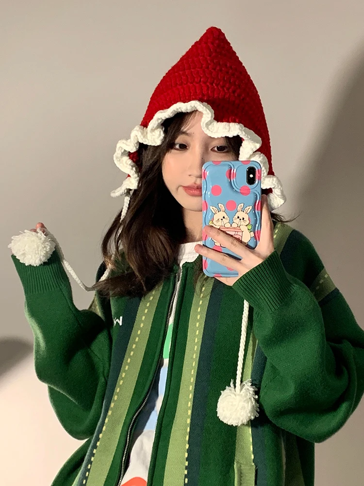 

New Chinese Sweet Little Red Hat Handmade Knitted Woolen Hat Women's Autumn and Winter Tassel Tie Cape Hat Warm Ear Protector