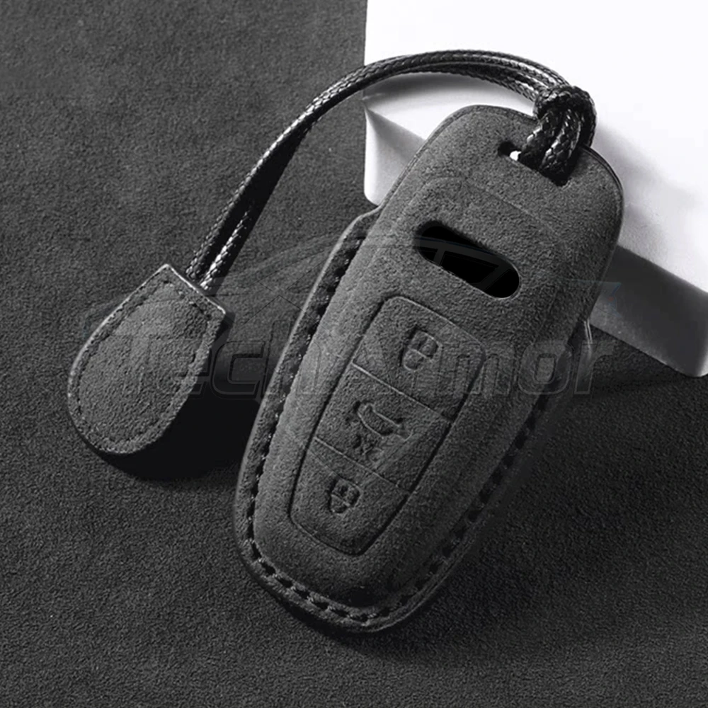 Luxuriöse Wildleder-Lederhülle für Audi A3 A4 A5 B9 A6 A7 A8 Q3 Q4 Q5 2018-2020 Autoschlüssel-Etui Schlüsselanhänger Organizer Zubehör