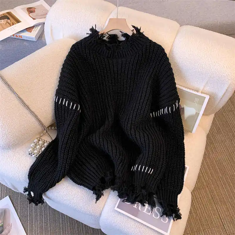 

Women's Black Gothic Knit Pullover Sweater Harajuku Y2k Korean Long Sleeves O-Neck Sweaters 90s Vintage 2000s Emo Clothes Autumn