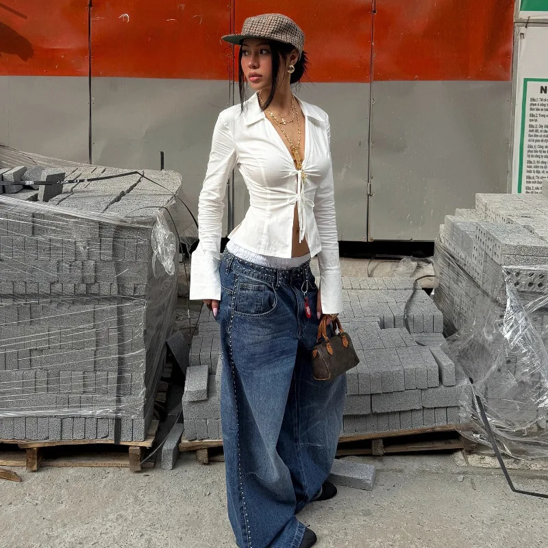 

Autumn New Fashion Street Polo Collar Cardigan Strap Long Sleeve Shirt Women