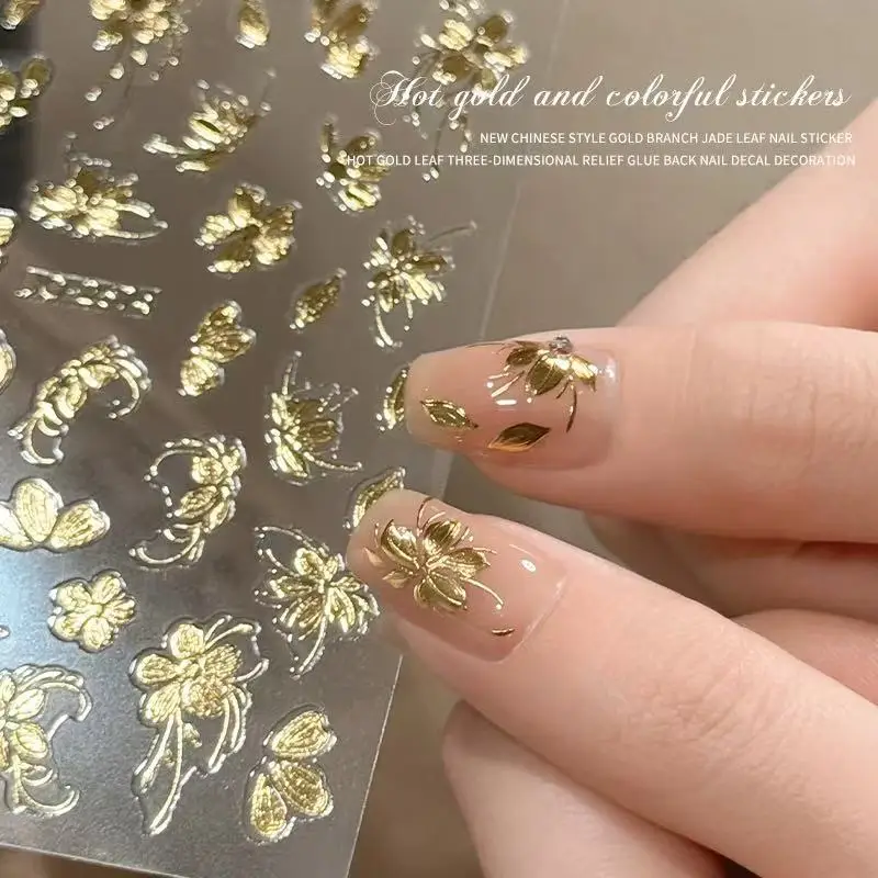 

1pcs Embossed Floral Nail Art Sticker Vintage Texture Gilded Hand-Painted 3D Butterfly with Gold-Foil Camellia Nail Decoration