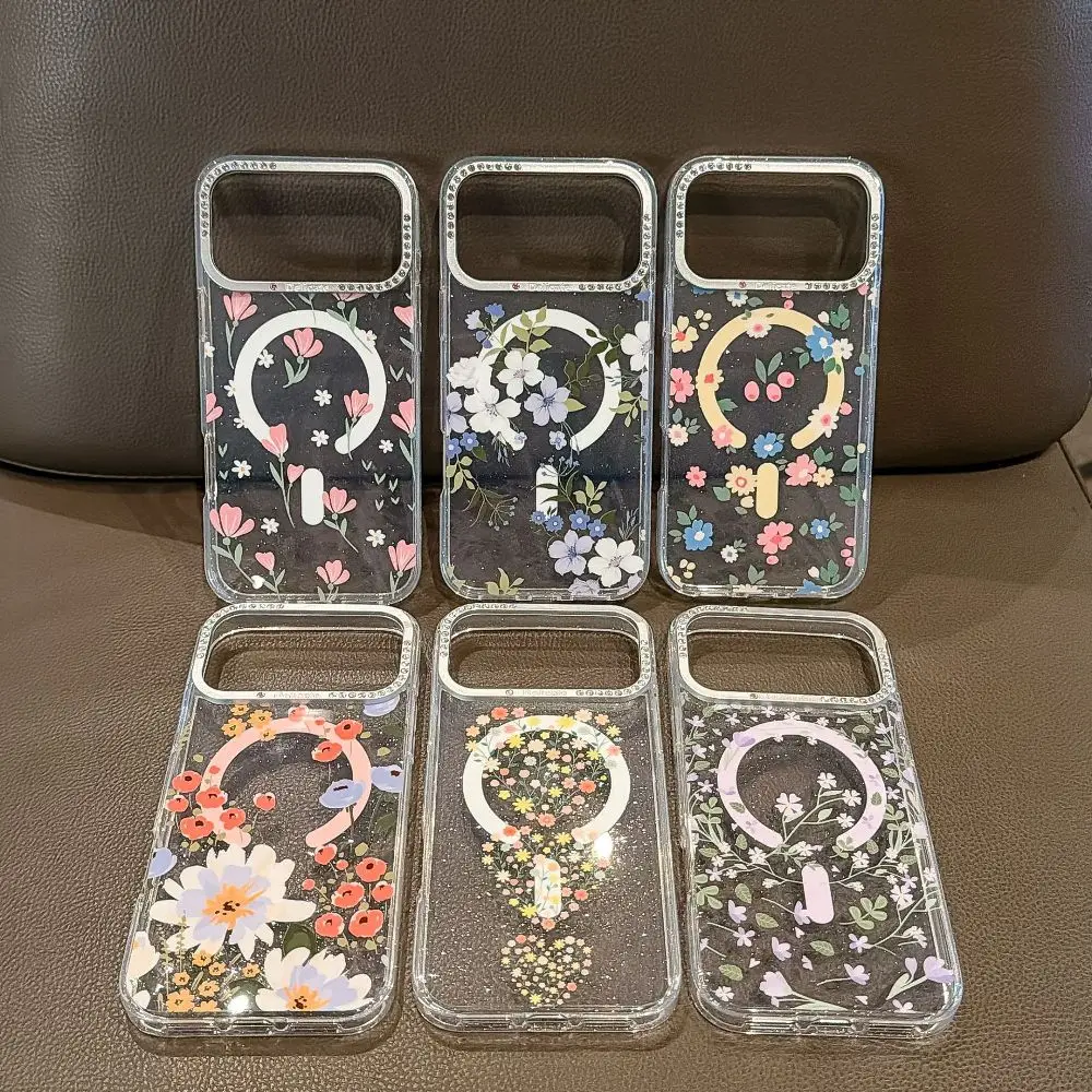 

Transparent Colored Flowers Phone Case for iPhone 17 16 15 Pro Max with Back Support Magnetic Charging