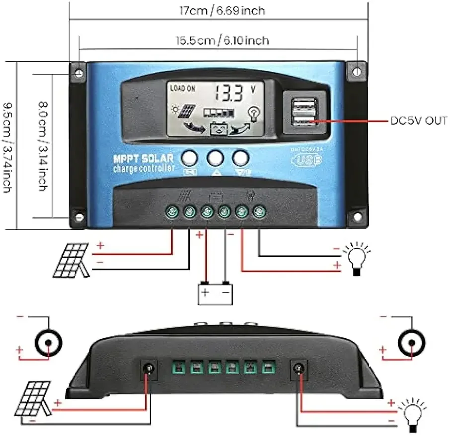 MPPT Solar Charge Controller LCD Display Dual USB Multiple Load Control Modes,12v/24v Current Auto Focus 30A 40A 50A 60A 100A